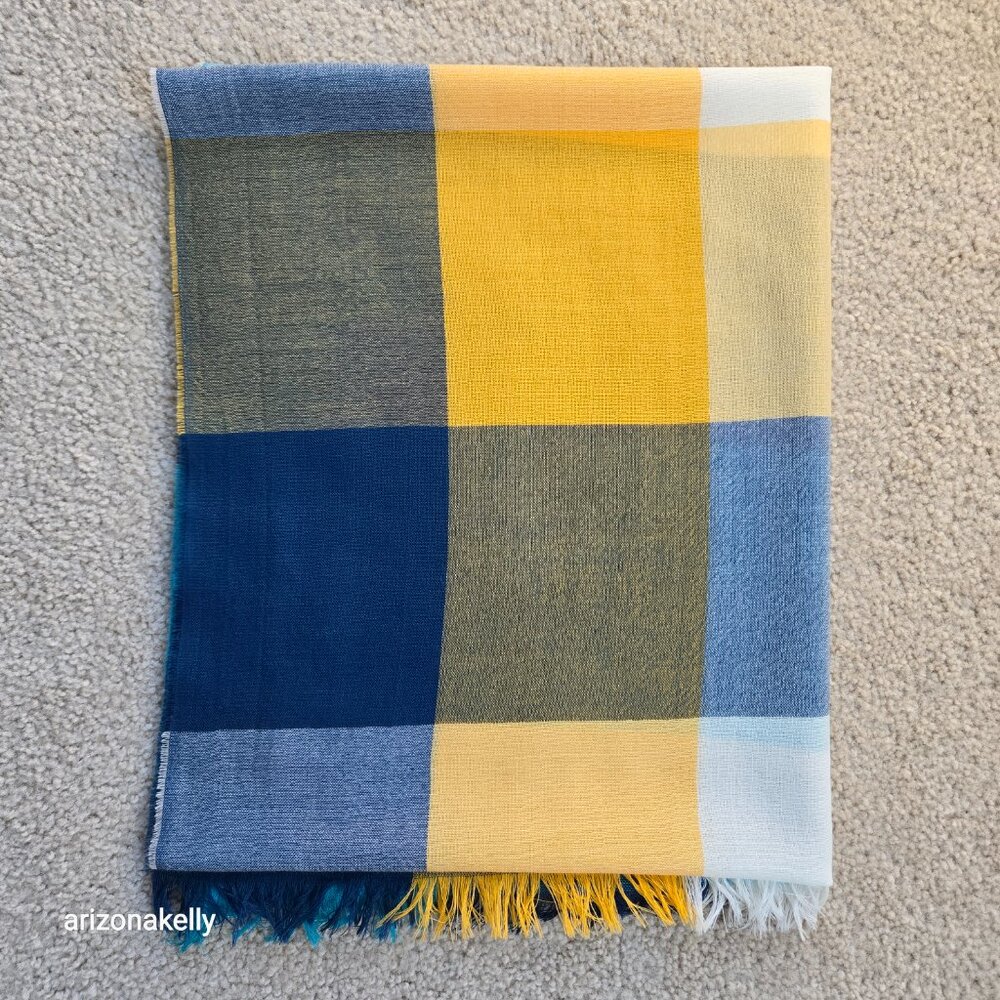100% Wool Lightweight Checked Scarf Blue White Yellow Made in Scotland - Picture 12 of 12